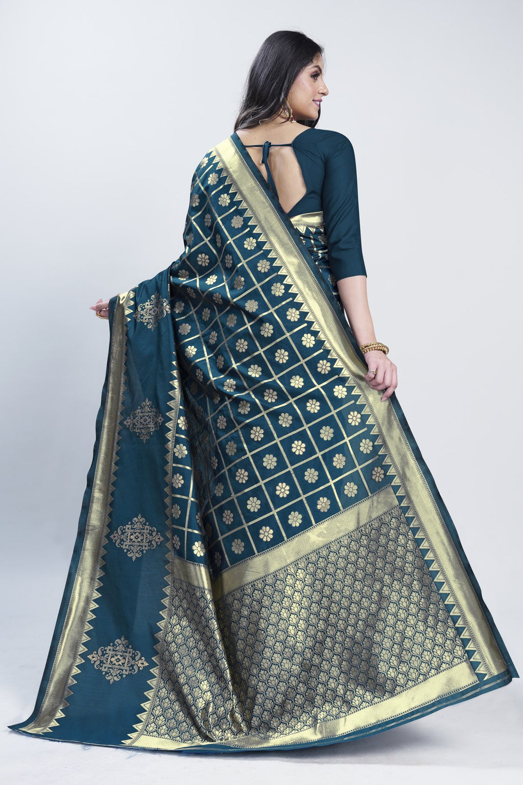 Gold Zari Checks Art Silk Saree – Morpichh (Peacock Blue)