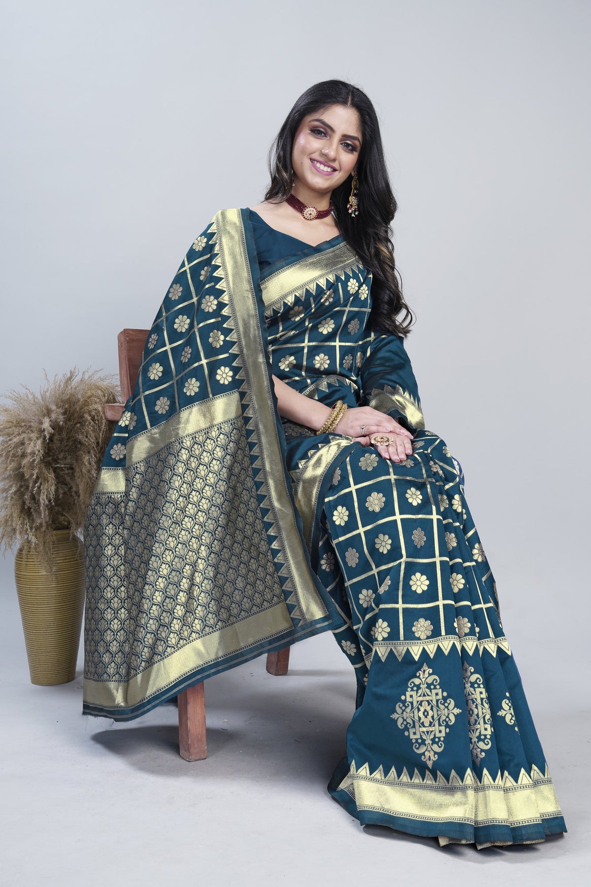 Gold Zari Checks Art Silk Saree – Morpichh (Peacock Blue)