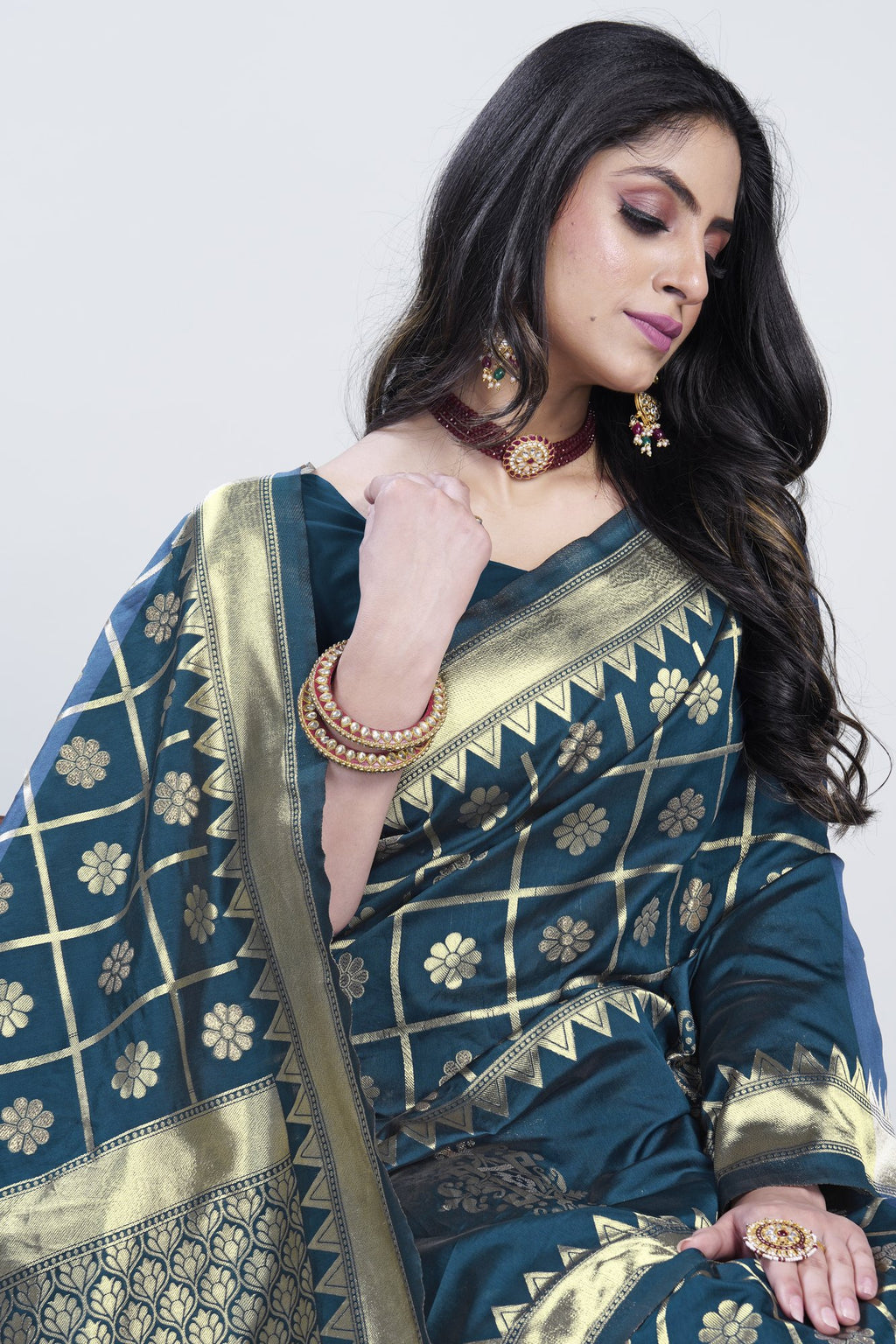 Gold Zari Checks Art Silk Saree – Morpichh (Peacock Blue)