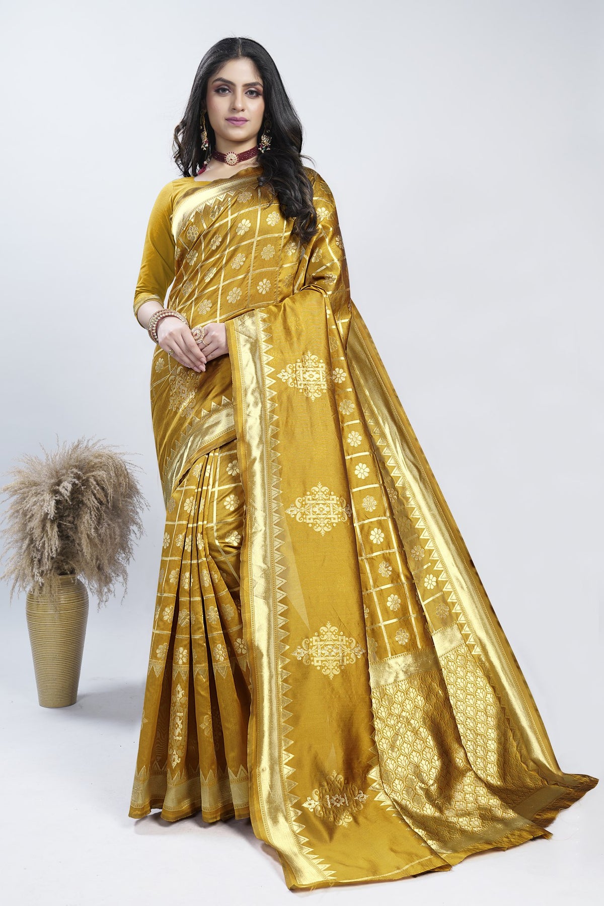Gold Zari Checks Art Silk Saree – Mustard