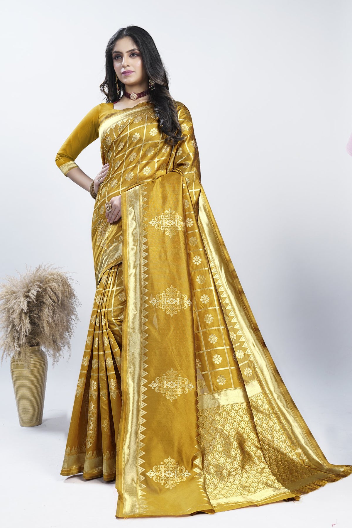 Gold Zari Checks Art Silk Saree – Mustard