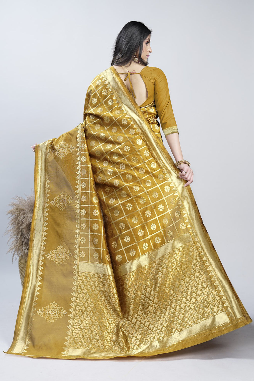 Gold Zari Checks Art Silk Saree – Mustard