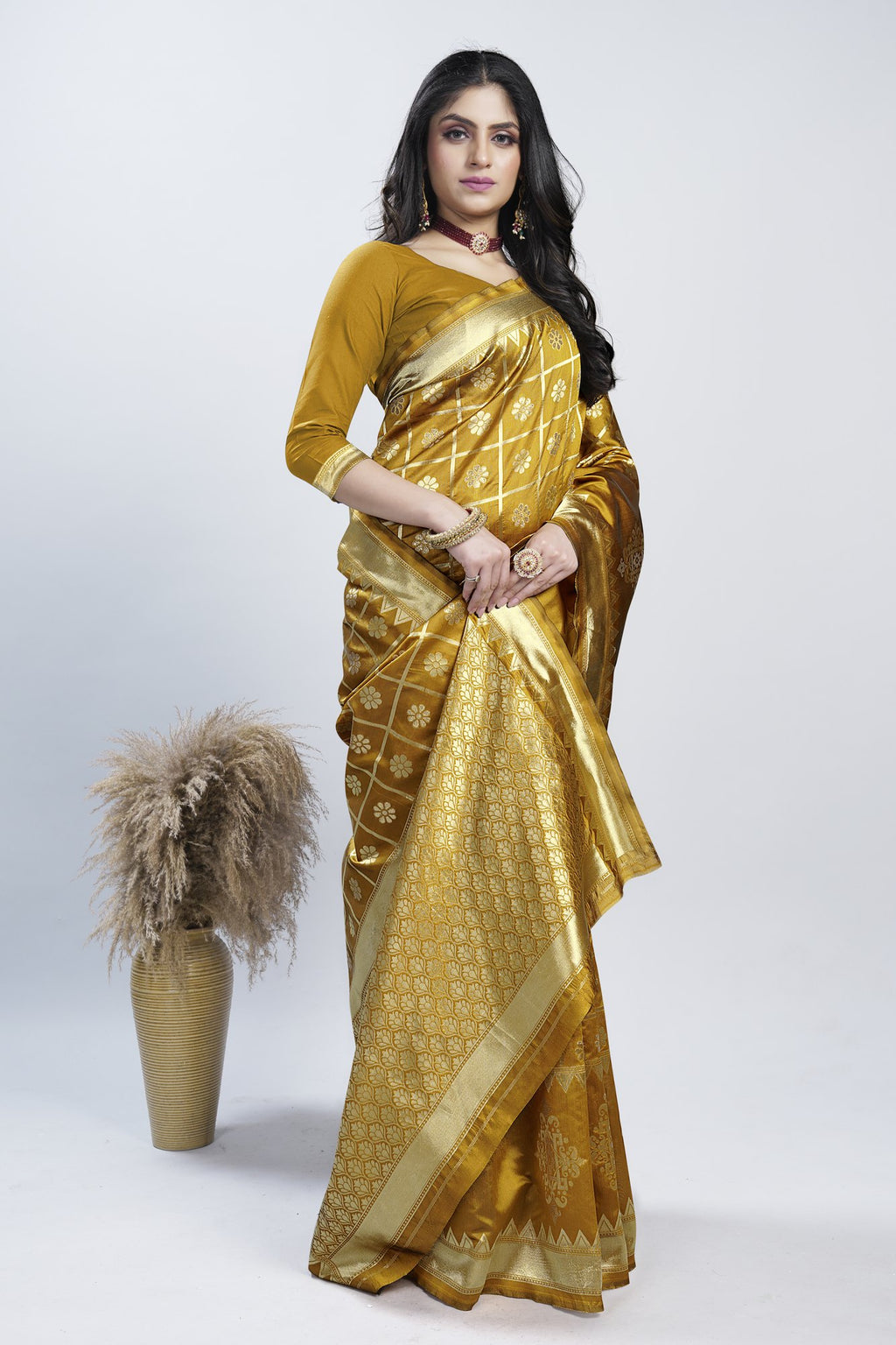 Gold Zari Checks Art Silk Saree – Mustard