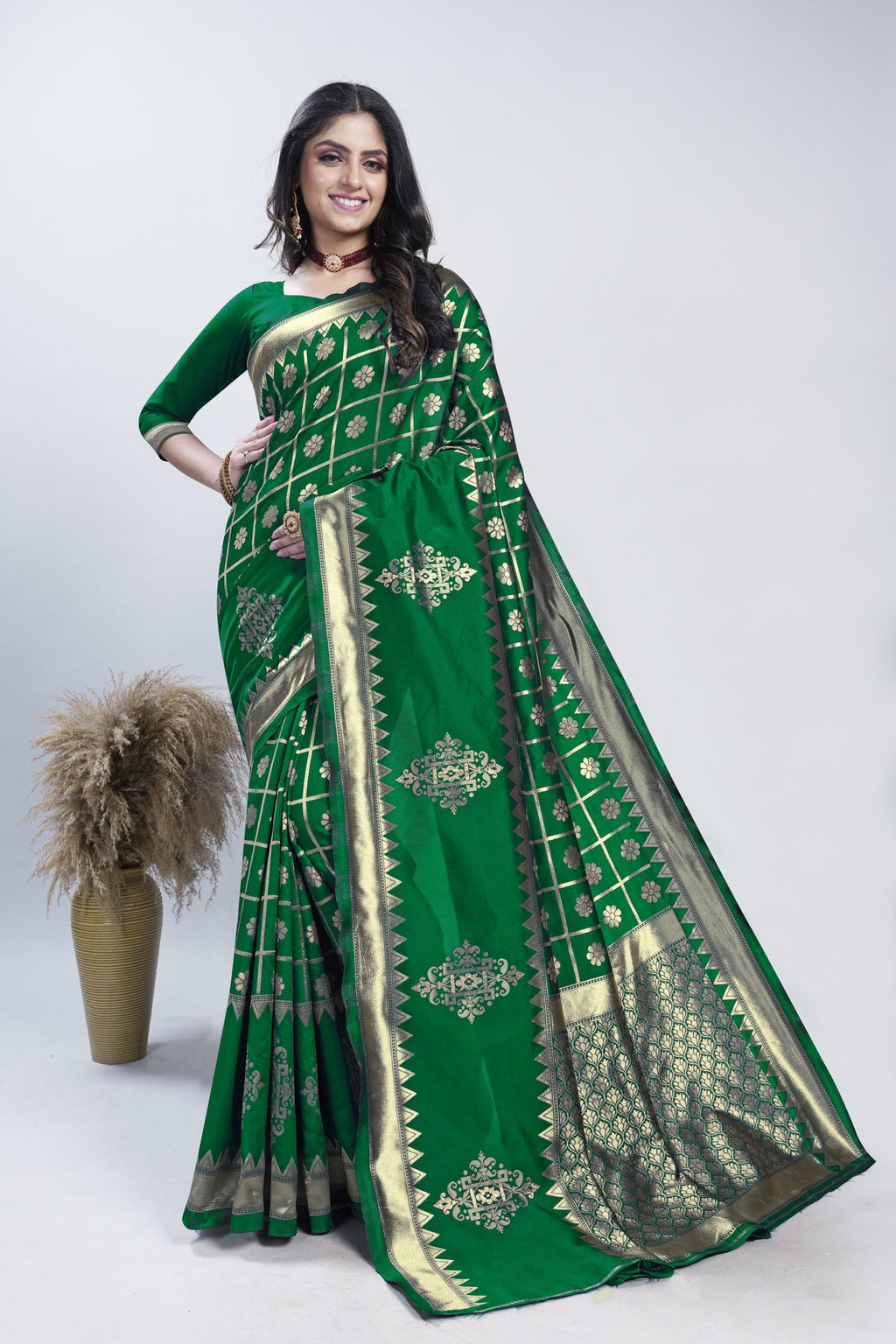 Gold Zari Checks Art Silk Saree – Parrot Green