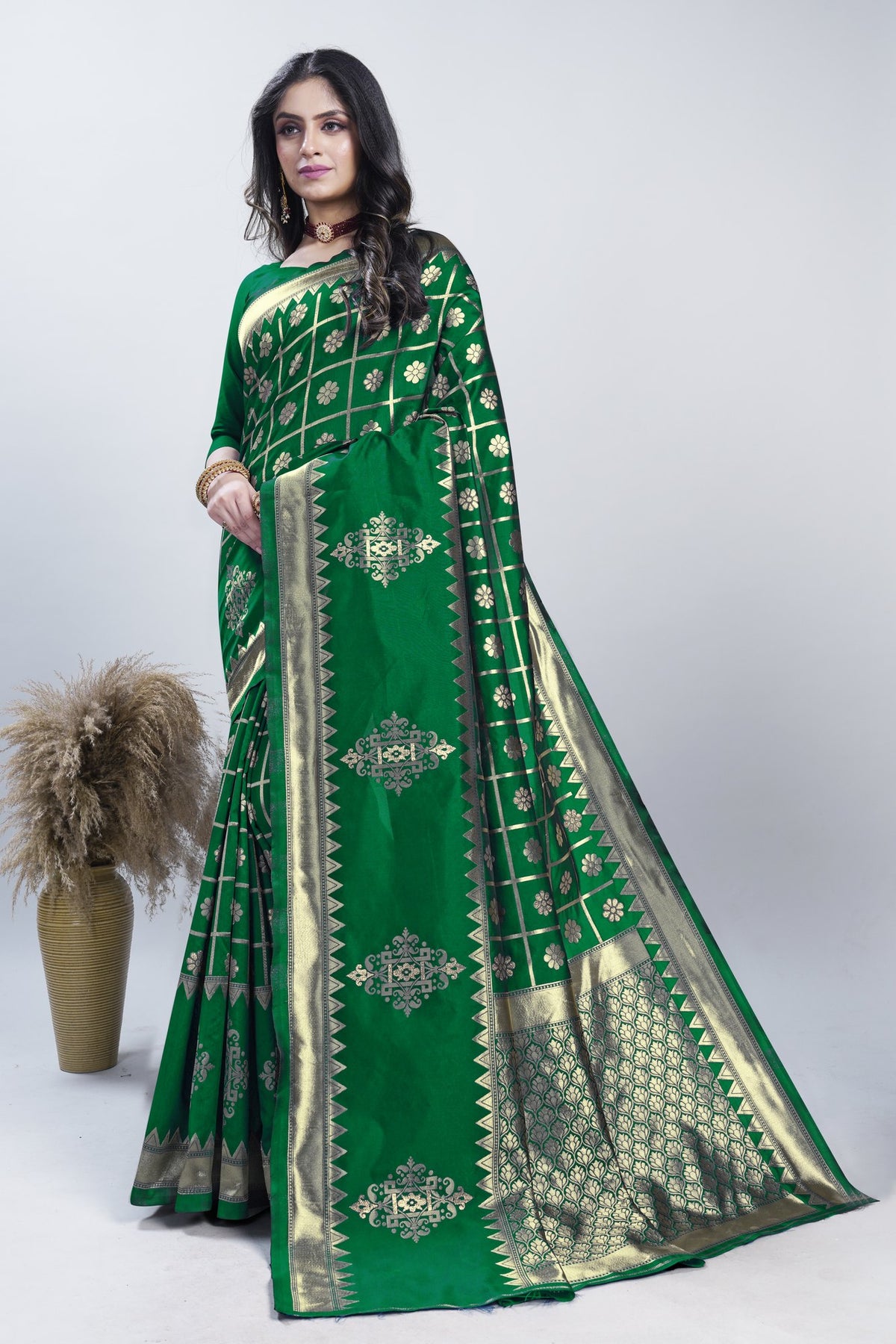 Gold Zari Checks Art Silk Saree – Parrot Green
