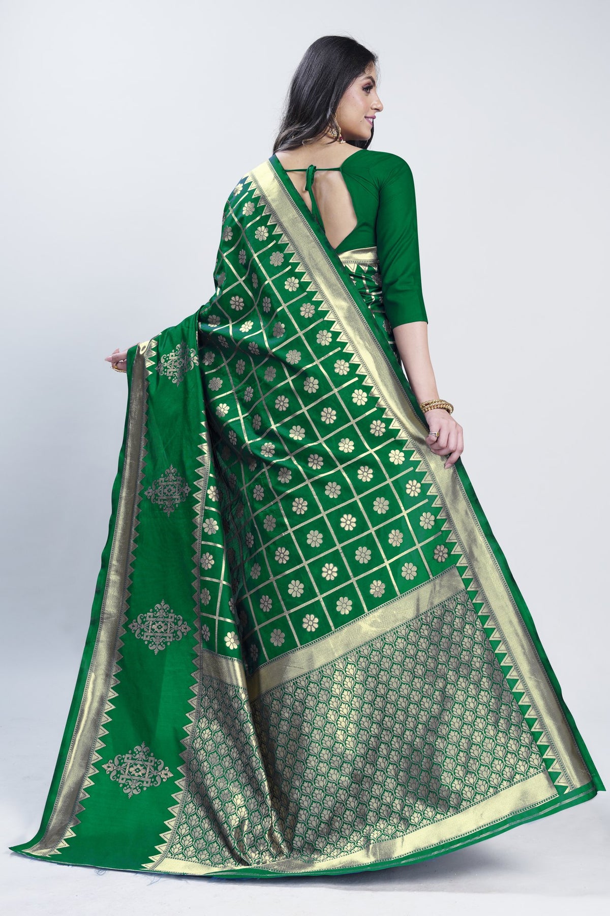 Gold Zari Checks Art Silk Saree – Parrot Green