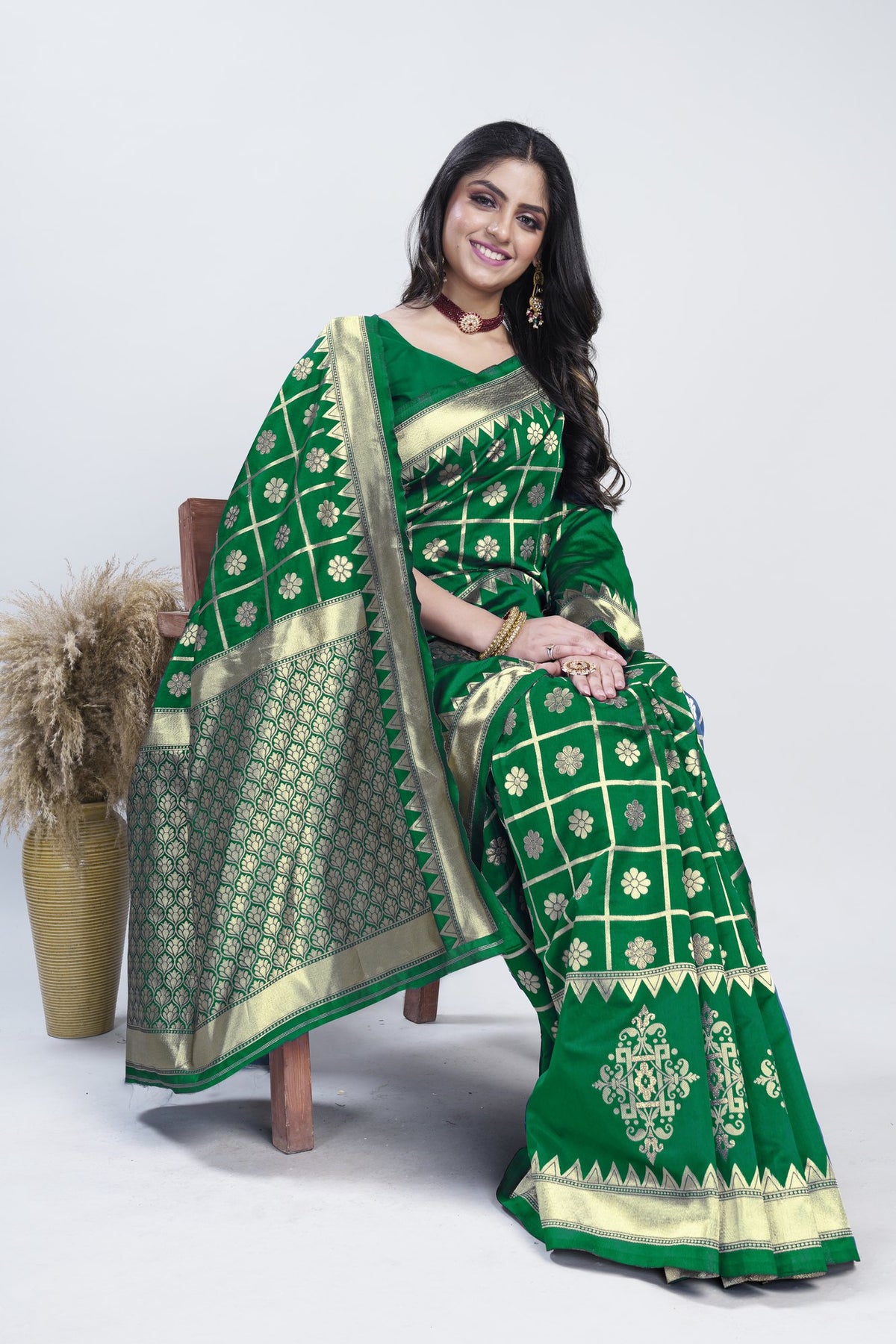 Gold Zari Checks Art Silk Saree – Parrot Green