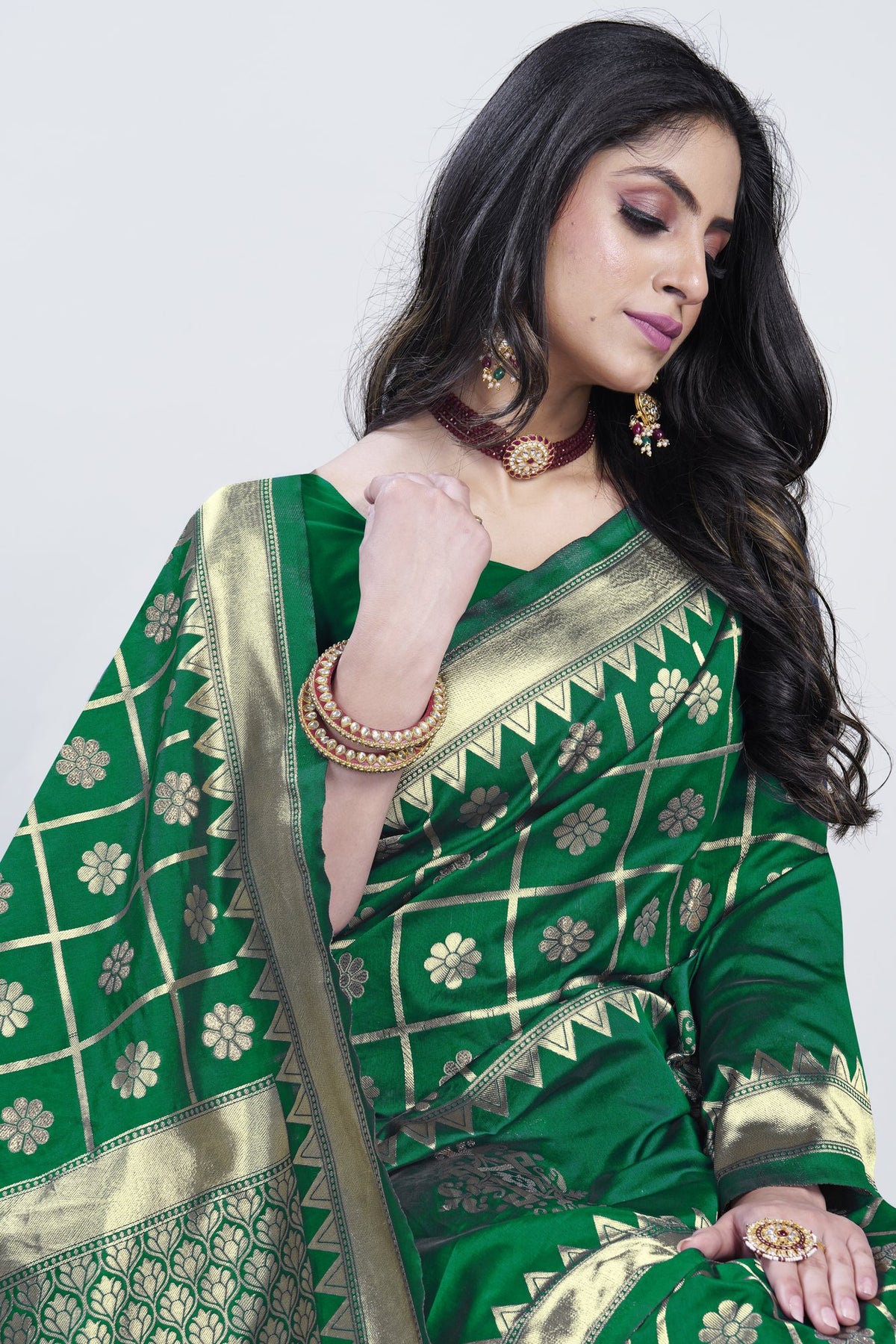 Gold Zari Checks Art Silk Saree – Parrot Green