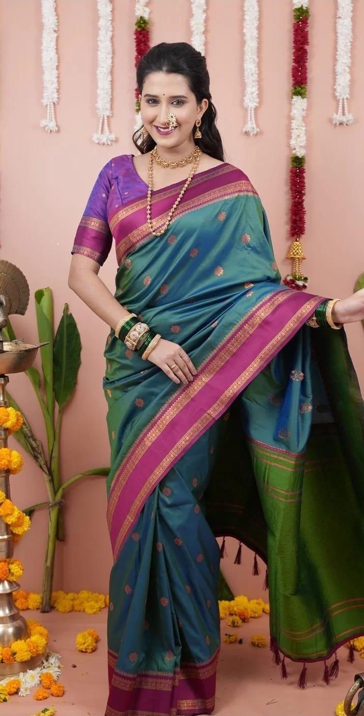 Paithani-style Art Silk Saree with Contrast Border – Bottle Green