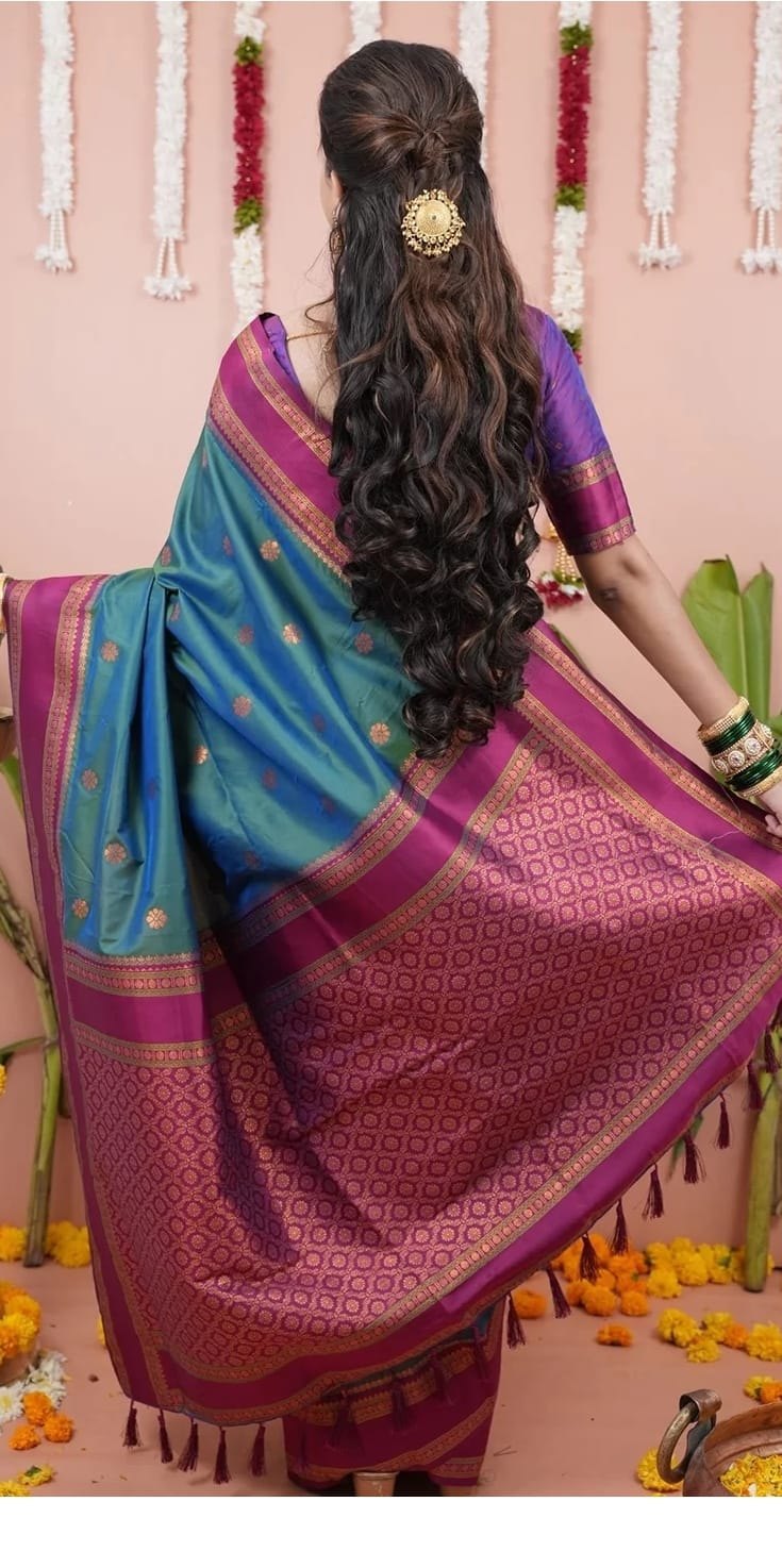 Paithani-style Art Silk Saree with Contrast Border – Bottle Green