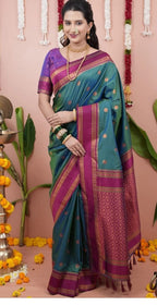 Paithani-style Art Silk Saree with Contrast Border – Bottle Green