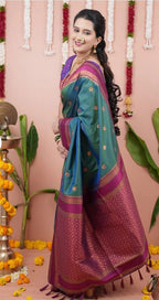 Paithani-style Art Silk Saree with Contrast Border – Bottle Green