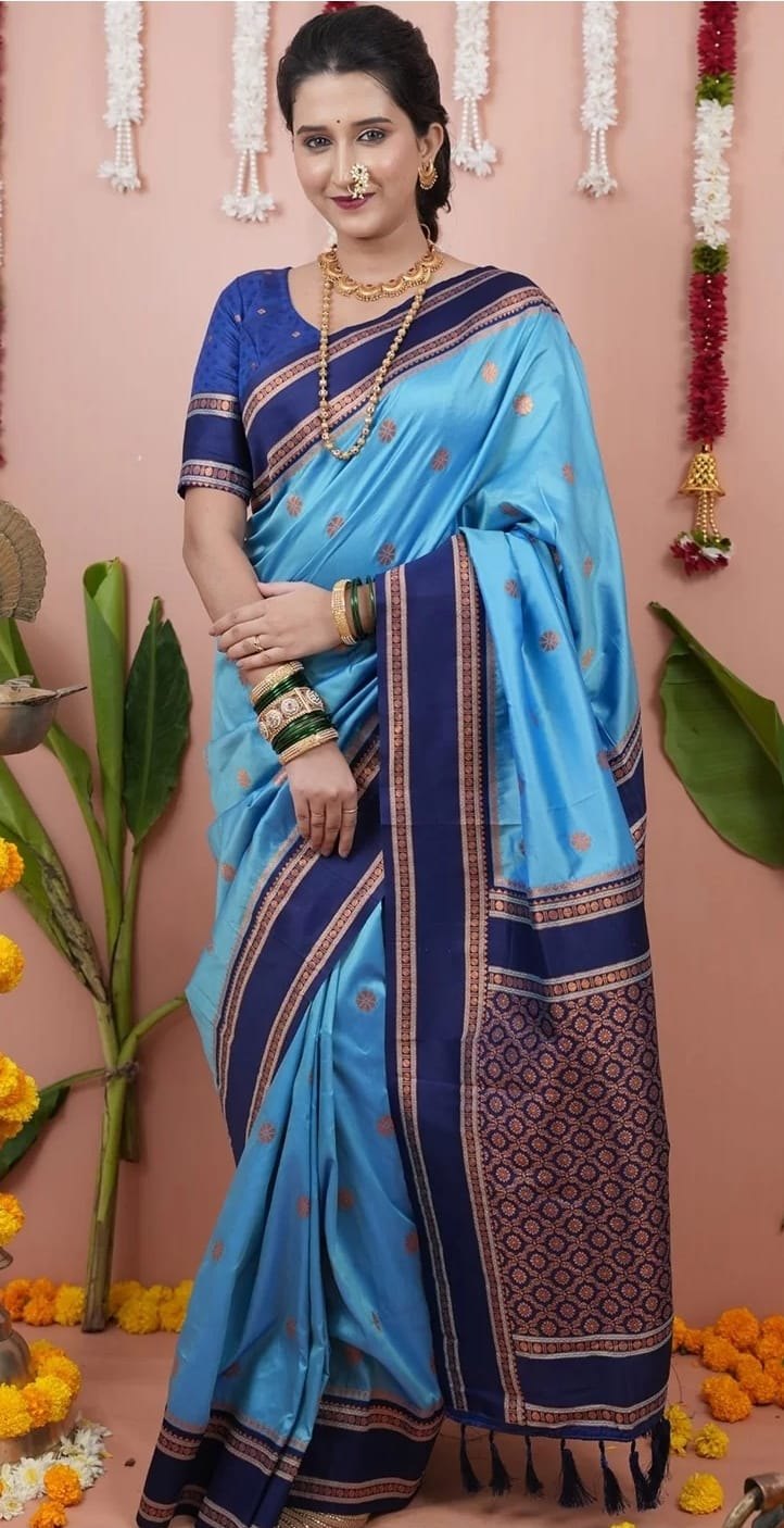 Paithani-style Art Silk Saree with Contrast Border – Ferozi