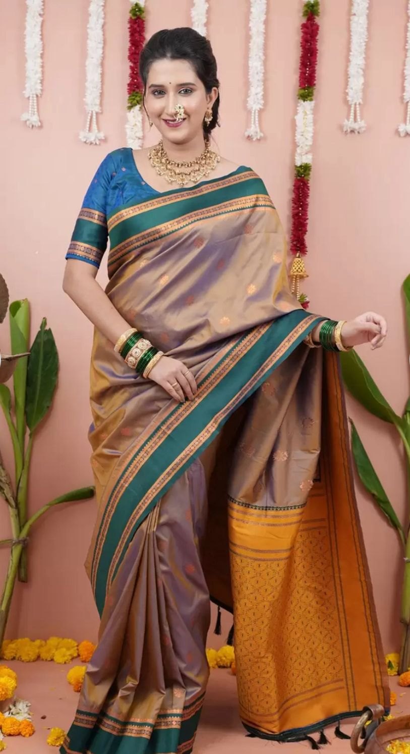 Paithani-style Art Silk Saree with Contrast Border – Gold