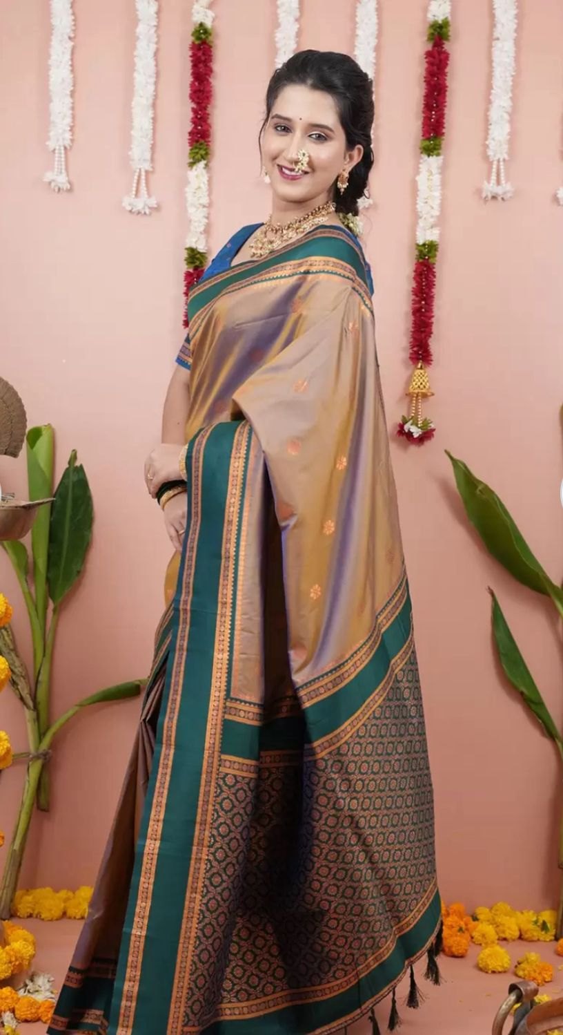 Paithani-style Art Silk Saree with Contrast Border – Gold
