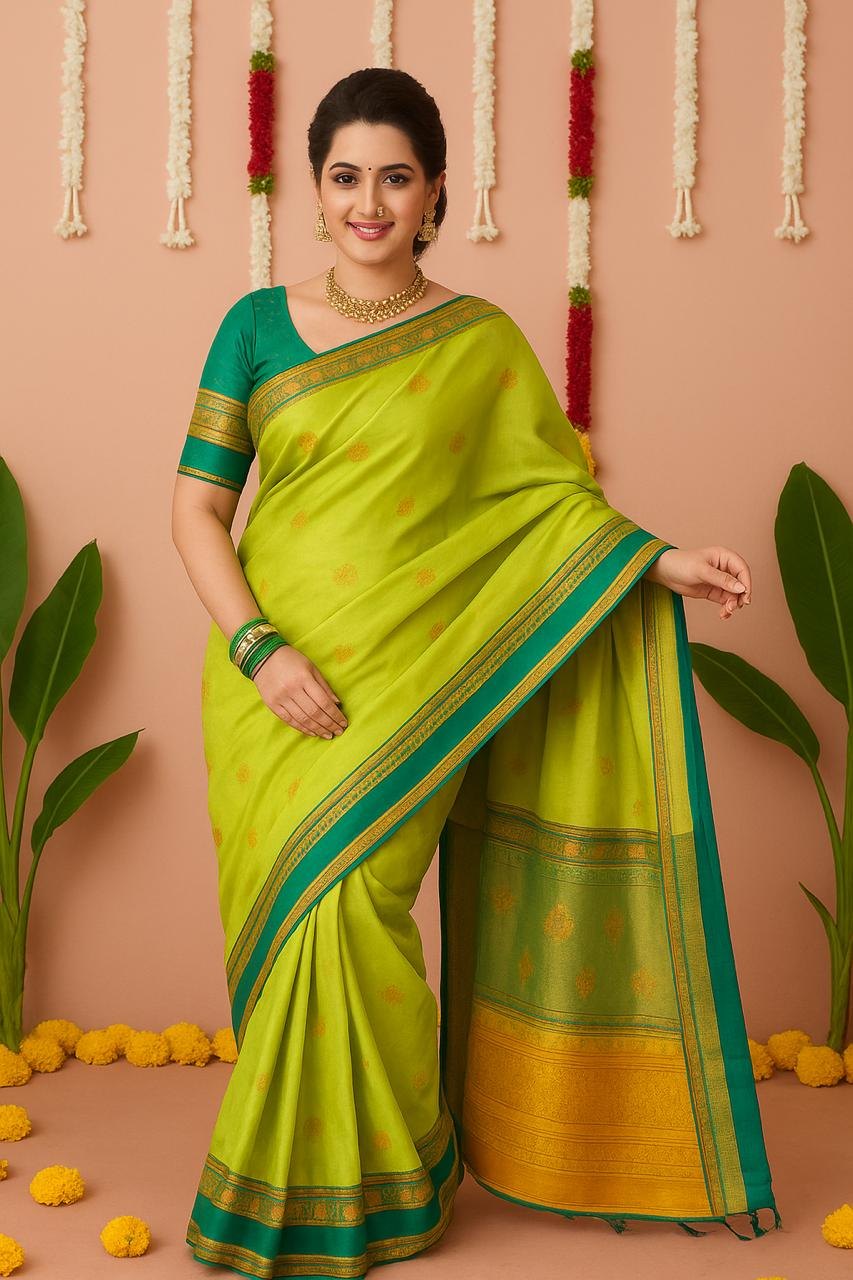 Paithani-style Art Silk Saree with Contrast Border – Lemon