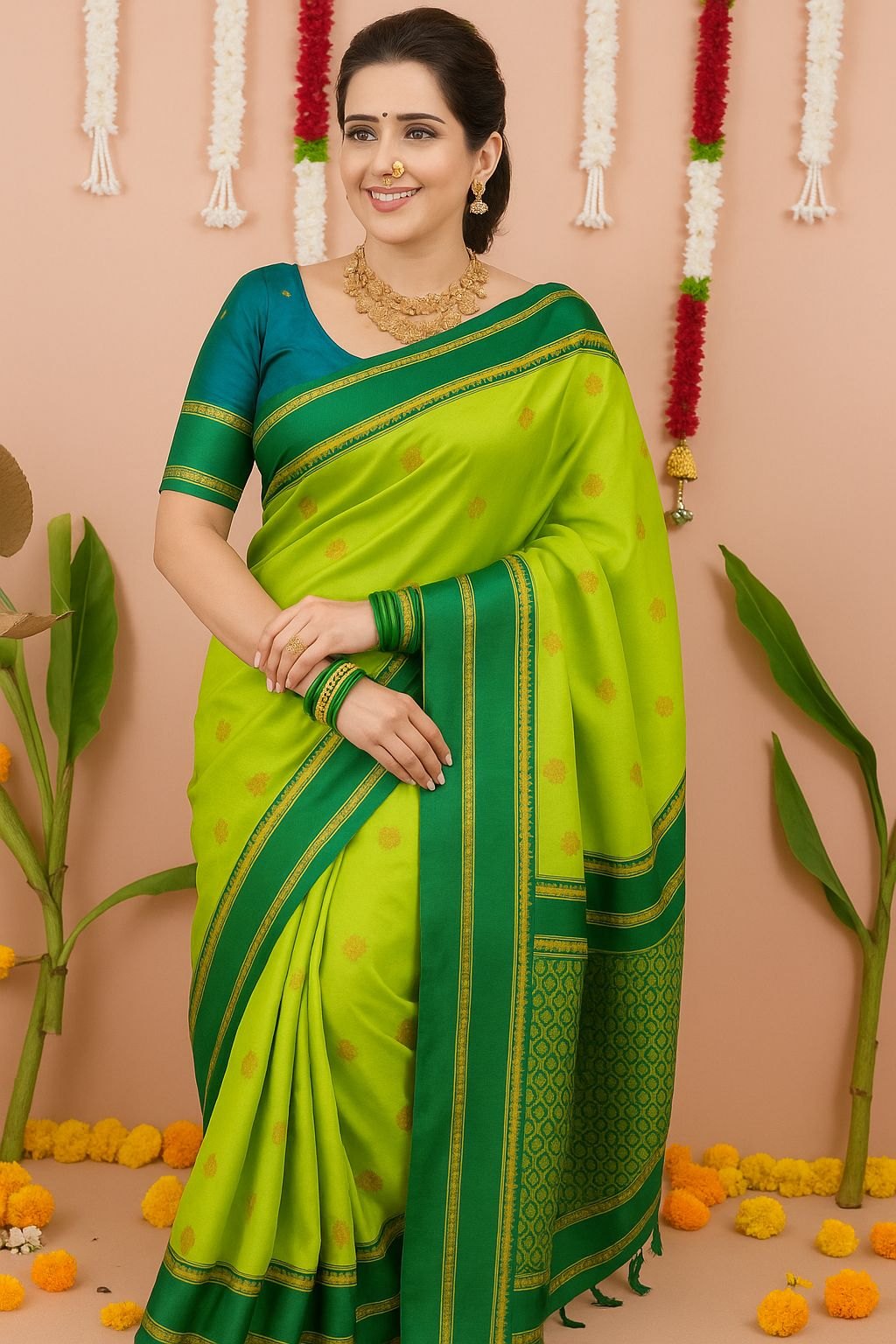 Paithani-style Art Silk Saree with Contrast Border – Lemon