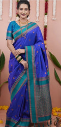 Paithani-style Art Silk Saree with Contrast Border – Navy Blue