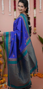 Paithani-style Art Silk Saree with Contrast Border – Navy Blue