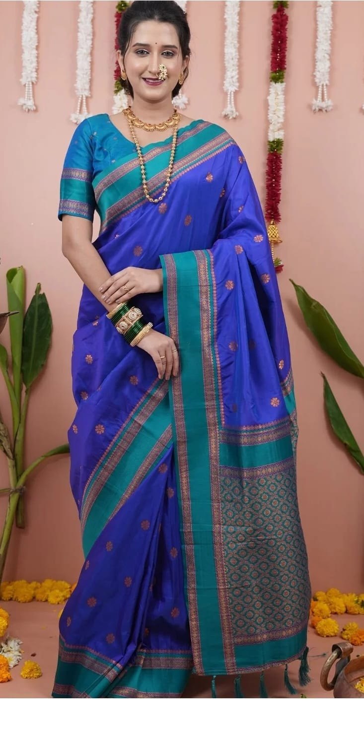 Paithani-style Art Silk Saree with Contrast Border – Navy Blue
