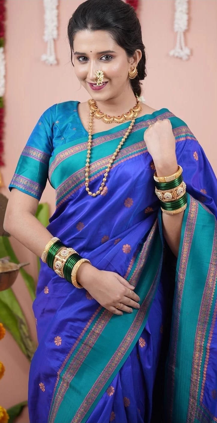 Paithani-style Art Silk Saree with Contrast Border – Navy Blue