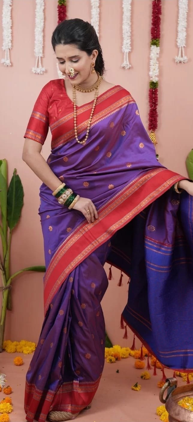 Paithani-style Art Silk Saree with Contrast Border – Violet