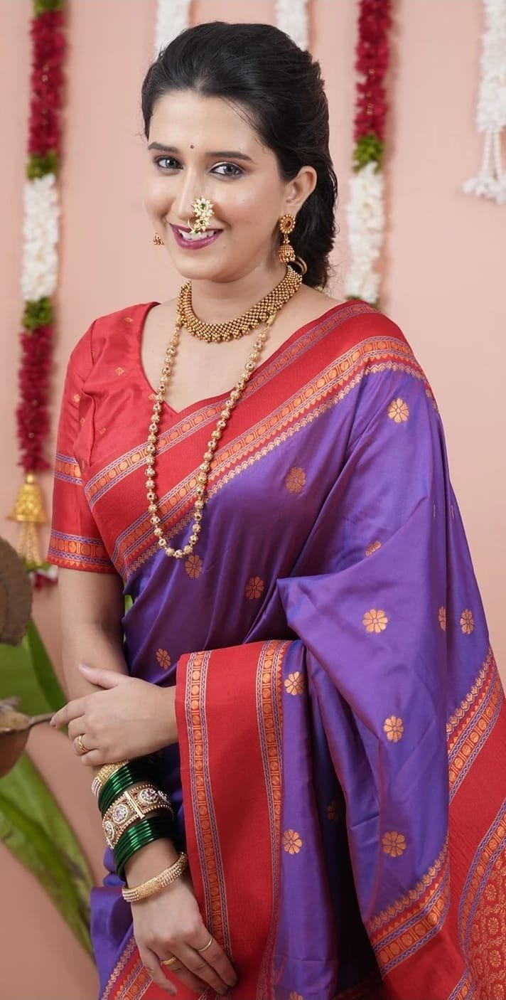 Paithani-style Art Silk Saree with Contrast Border – Violet