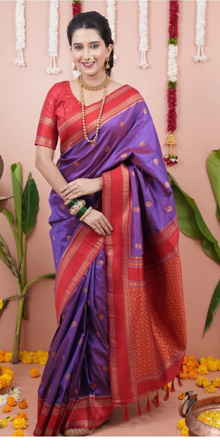 Paithani-style Art Silk Saree with Contrast Border – Violet