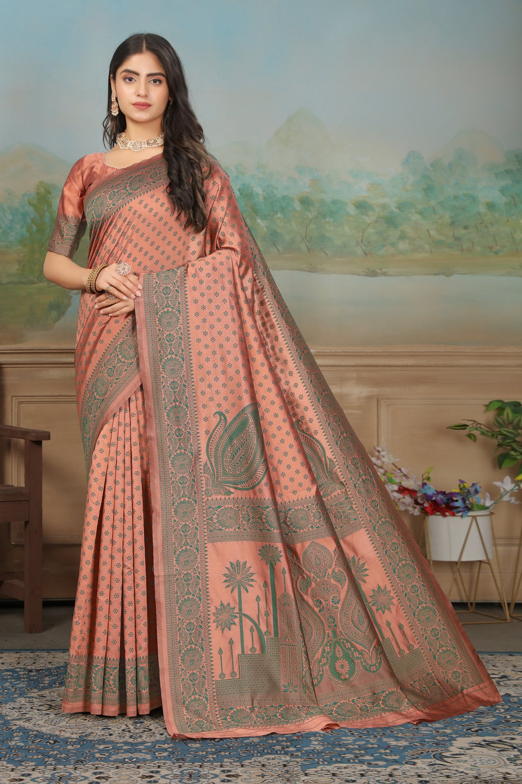 Peach Gold Zari Jacquard Art Silk Saree – Peach Gold