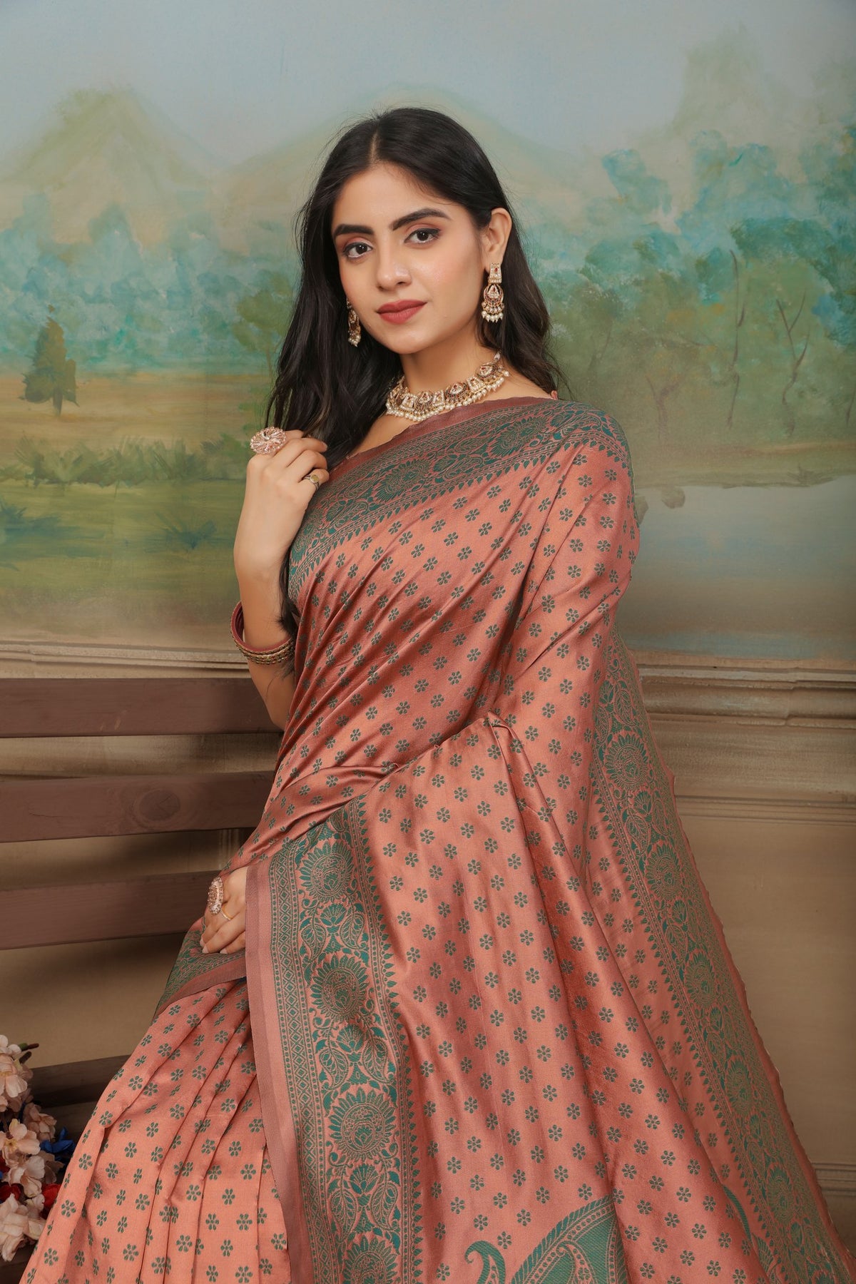 Peach Gold Zari Jacquard Art Silk Saree