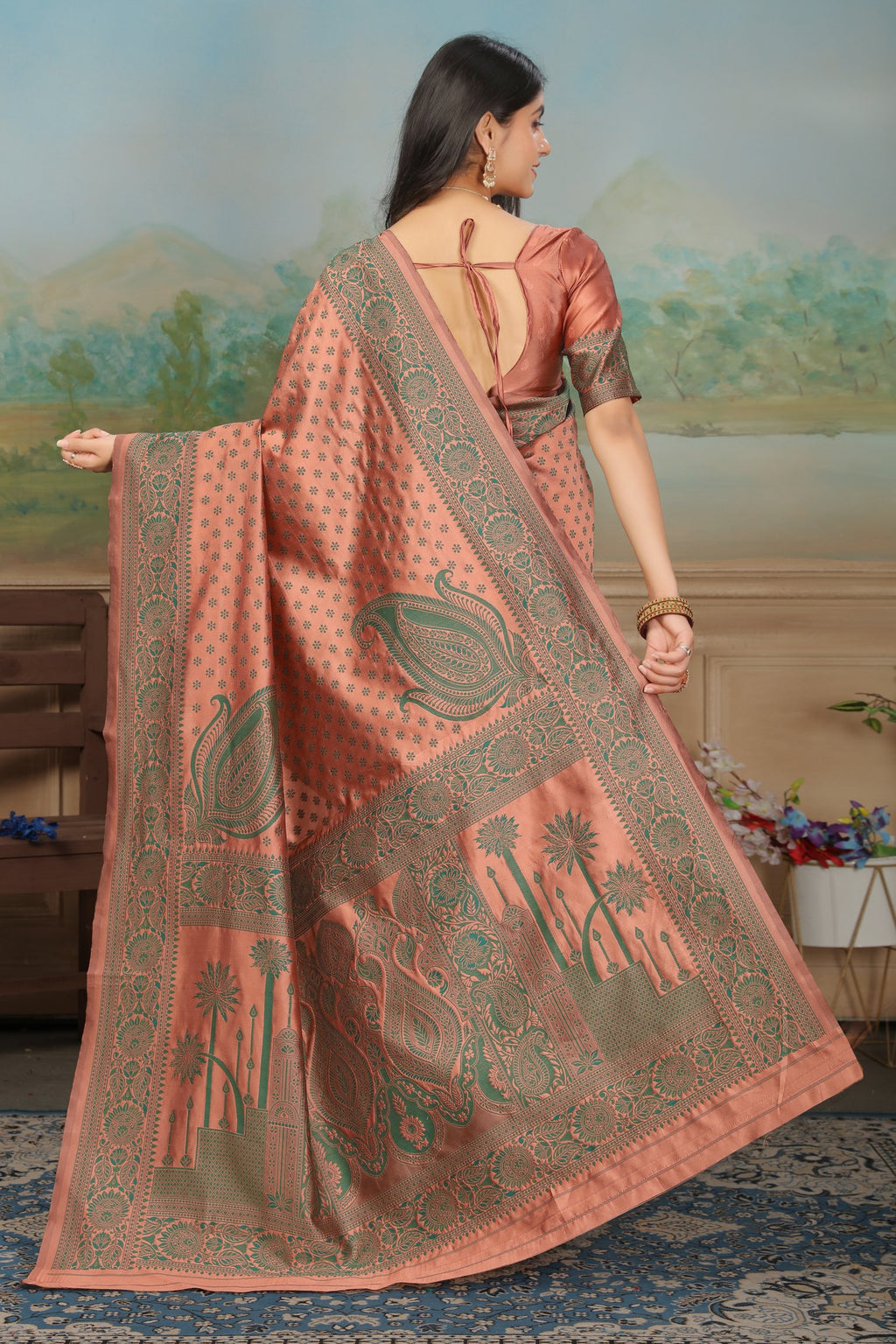 Peach Gold Zari Jacquard Art Silk Saree