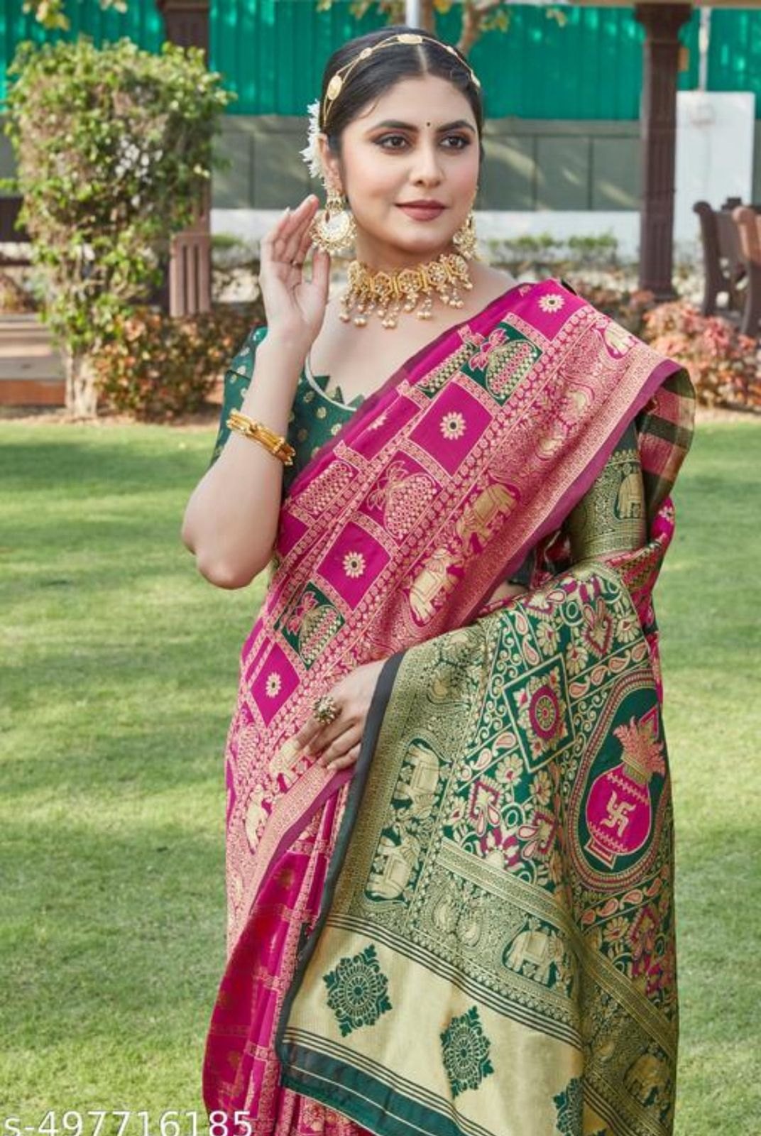 Rani & Green Zari Butti Art Silk Saree