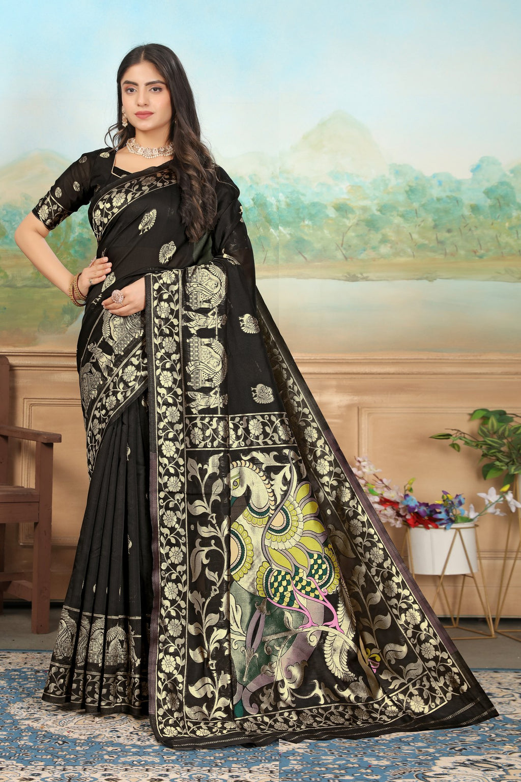 Black Art Silk Jacquard Saree with Woven Pallu – Black
