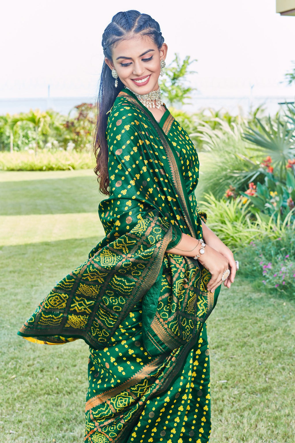 Green Bandhani-pattern Art Silk Saree – Green