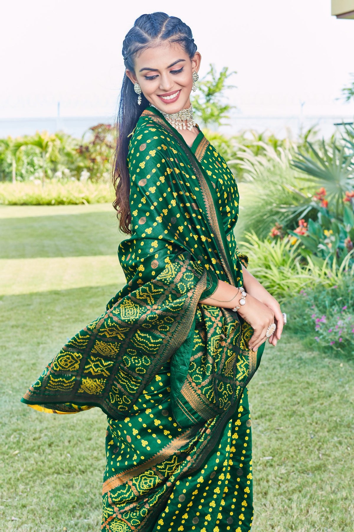 Green Bandhani-pattern Art Silk Saree – Green