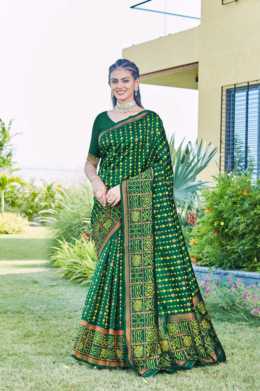 Green Bandhani-pattern Art Silk Saree