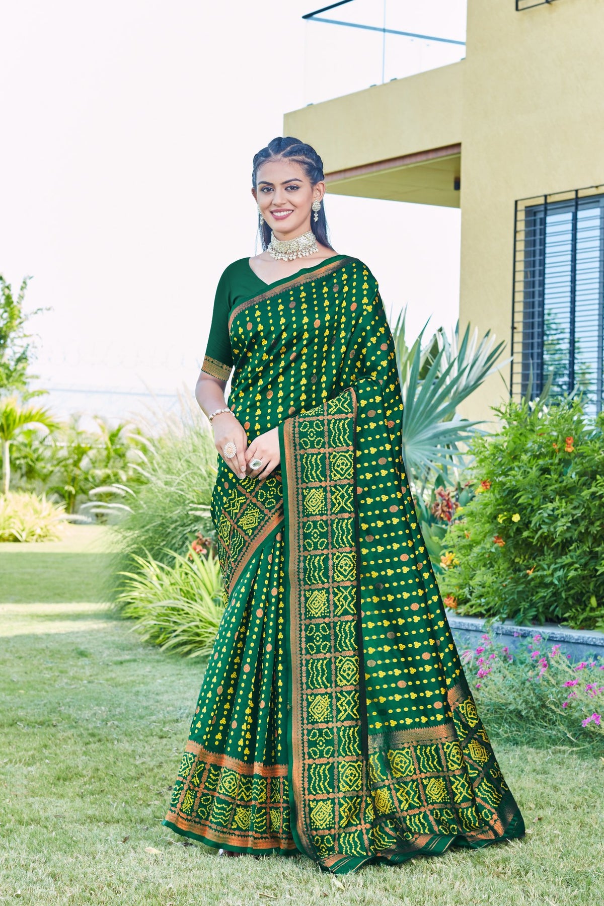 Green Bandhani-pattern Art Silk Saree