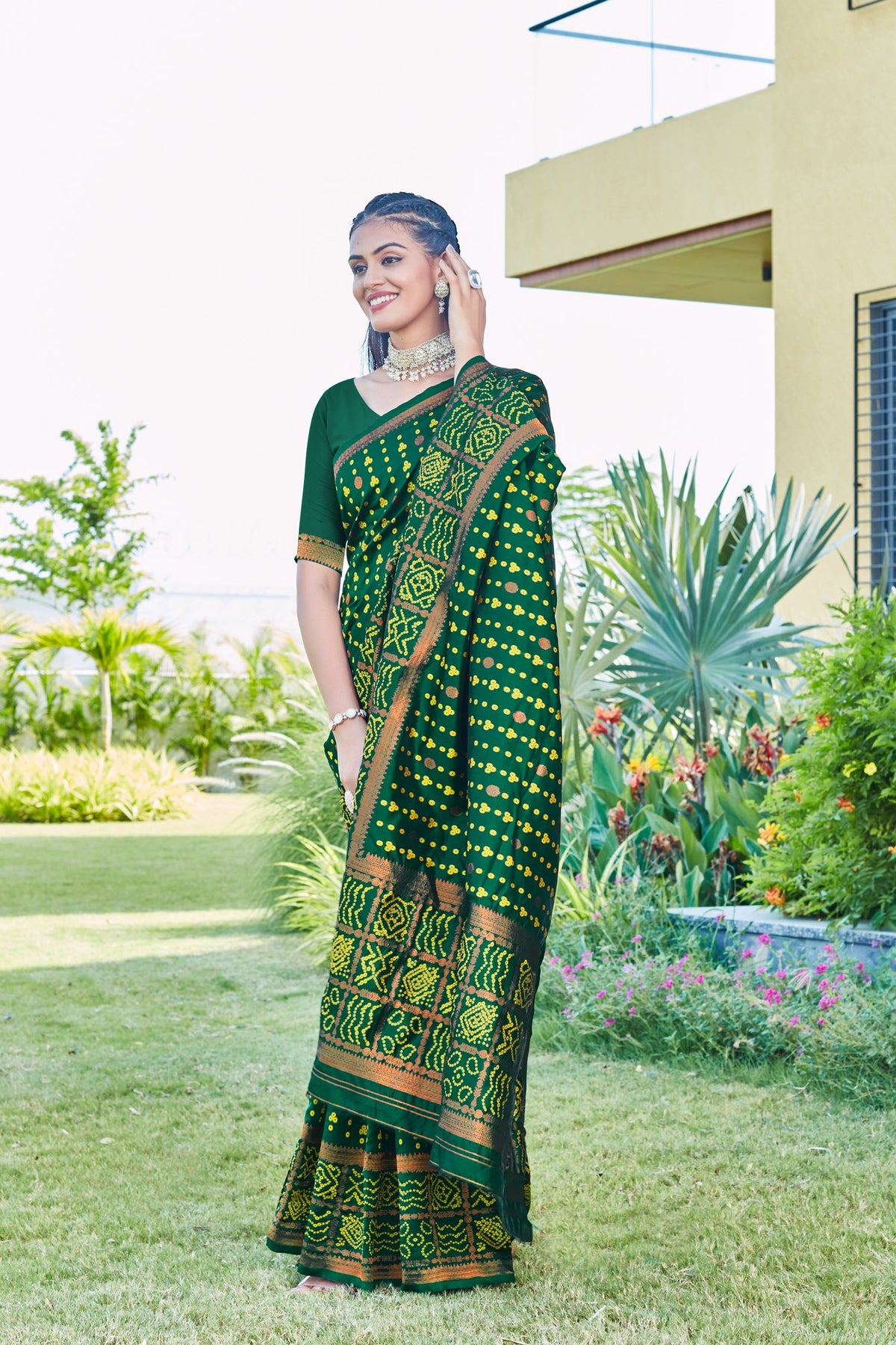 Green Bandhani-pattern Art Silk Saree