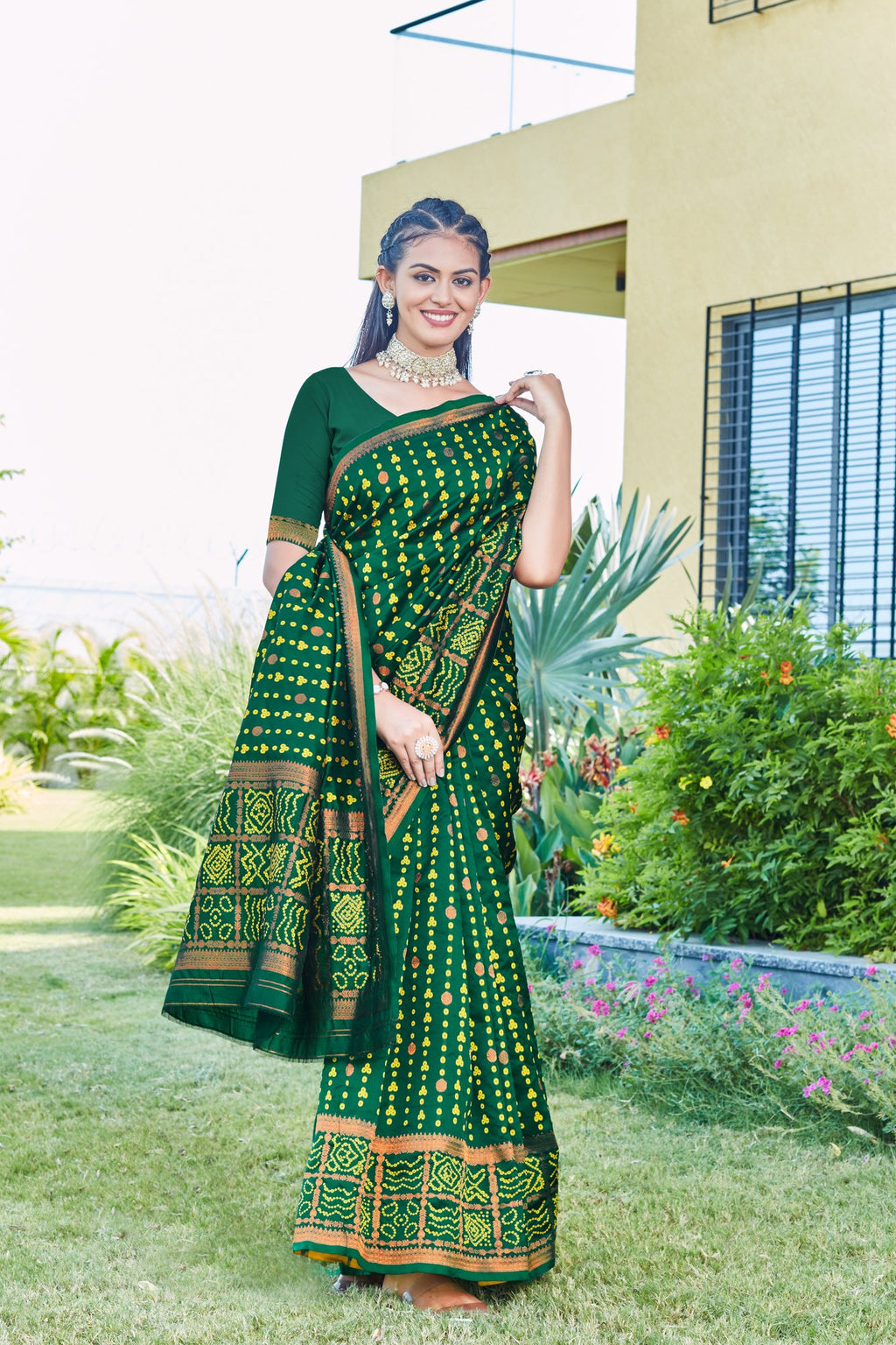 Green Bandhani-pattern Art Silk Saree