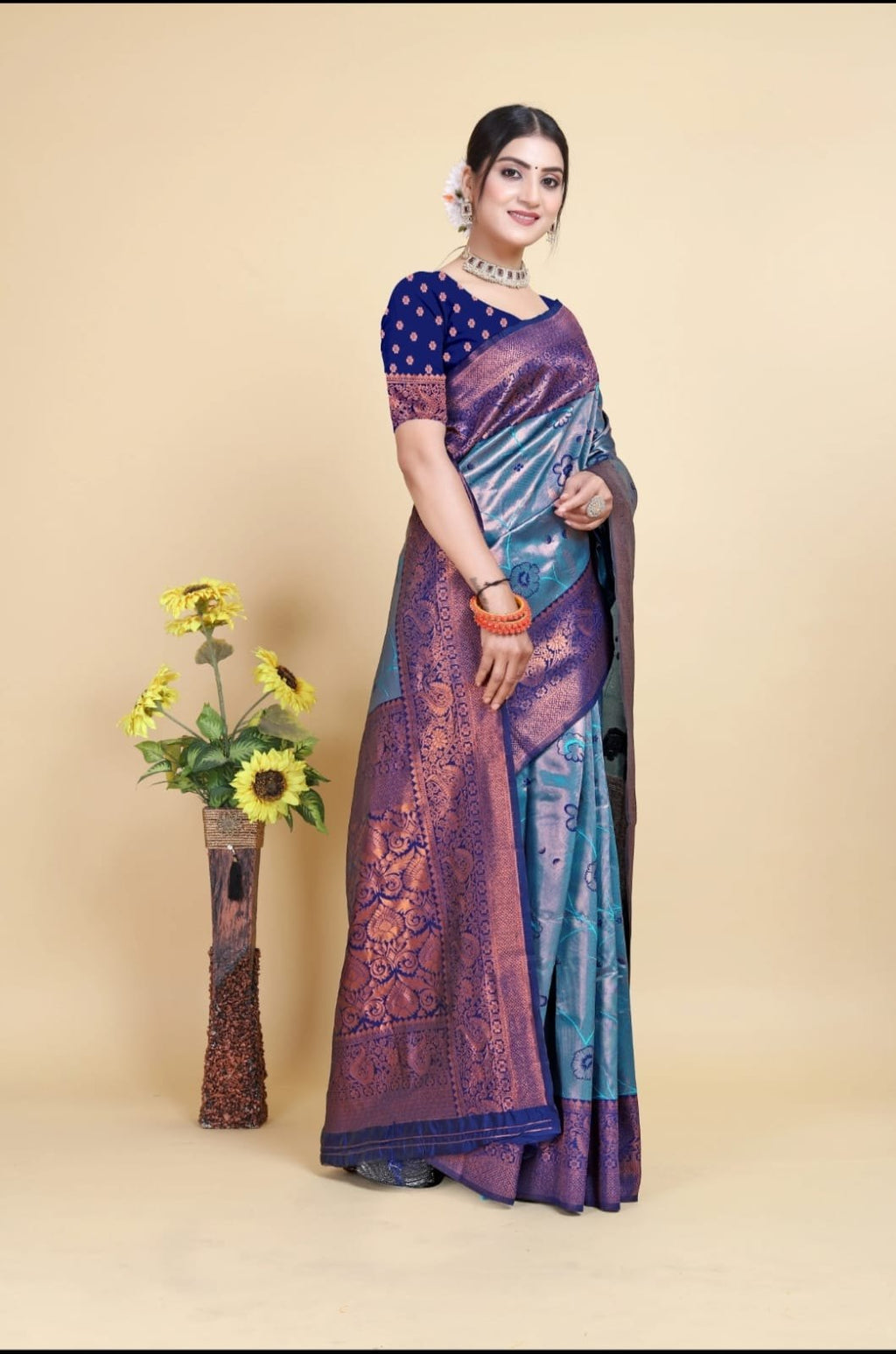 Kanjivaram-style Blue Art Silk Saree