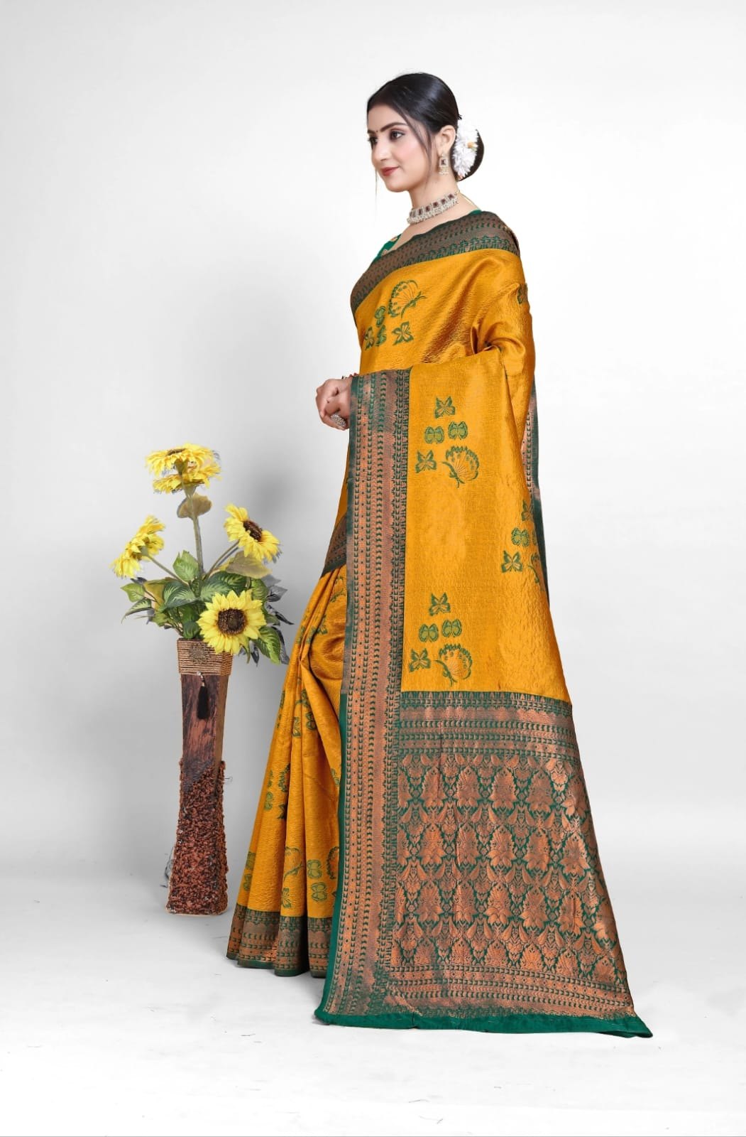 Mustard Zari Art Silk Saree with Green Border