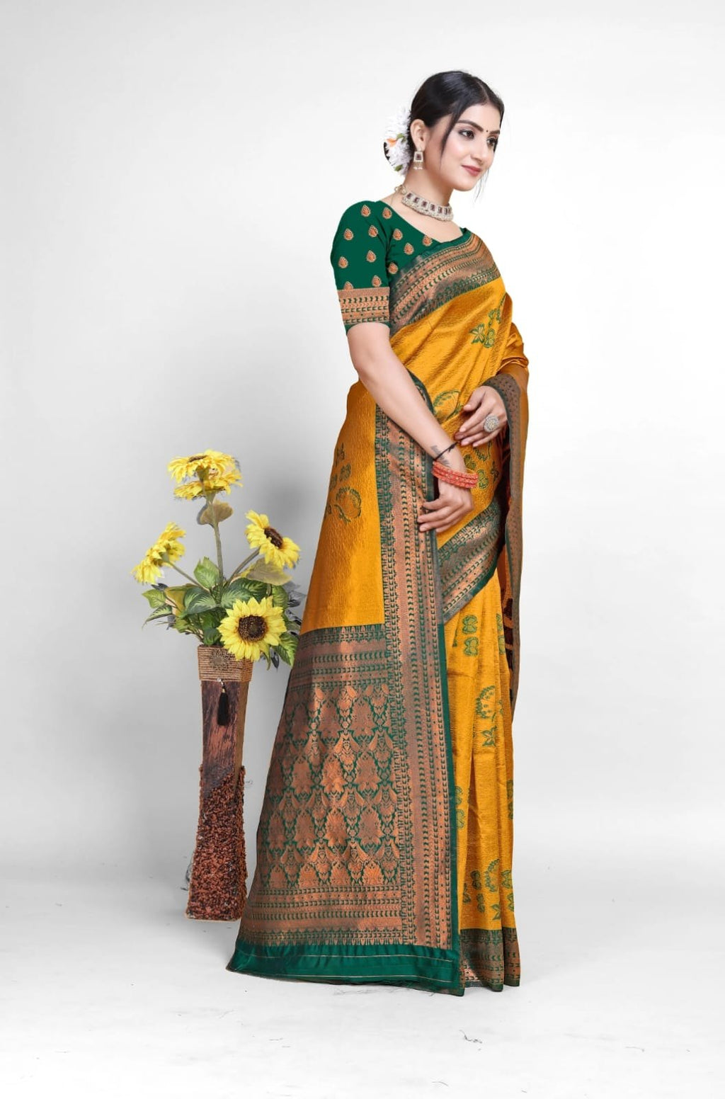 Mustard Zari Art Silk Saree with Green Border