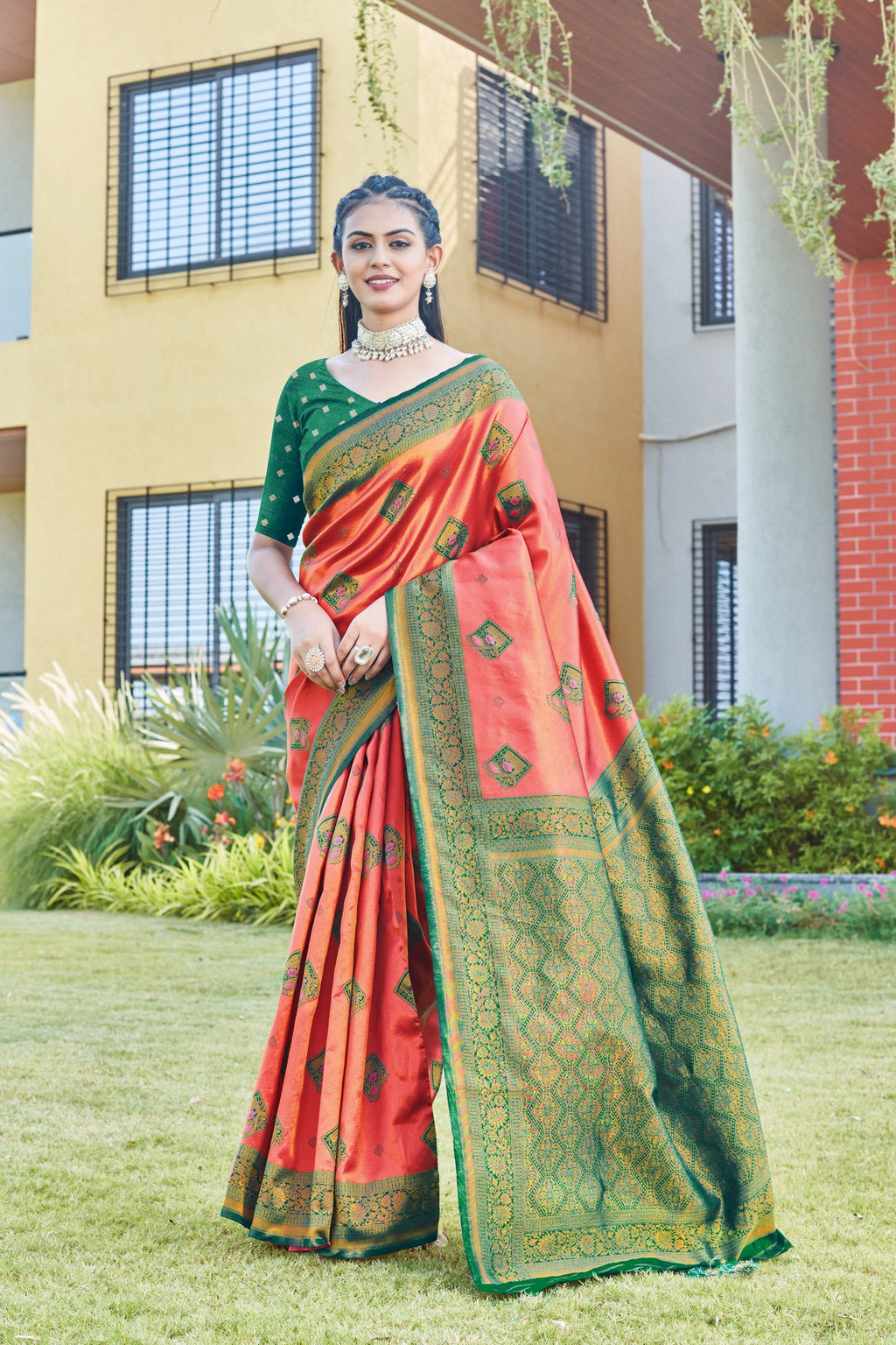 Coral Art Silk Saree with Green Zari Border – Coral