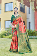 Coral Art Silk Saree with Green Zari Border – Coral