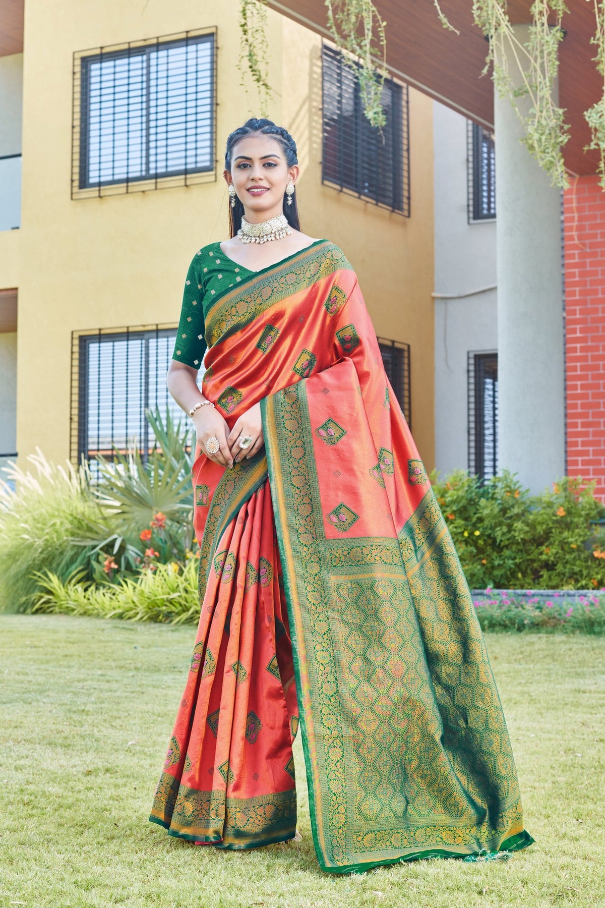 Coral Art Silk Saree with Green Zari Border – Coral