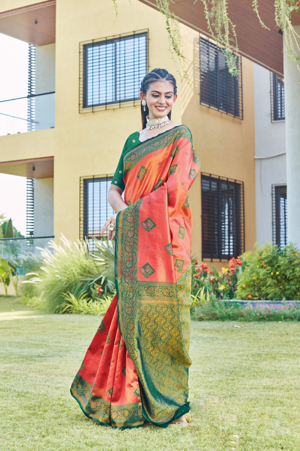 Coral Art Silk Saree with Green Zari Border