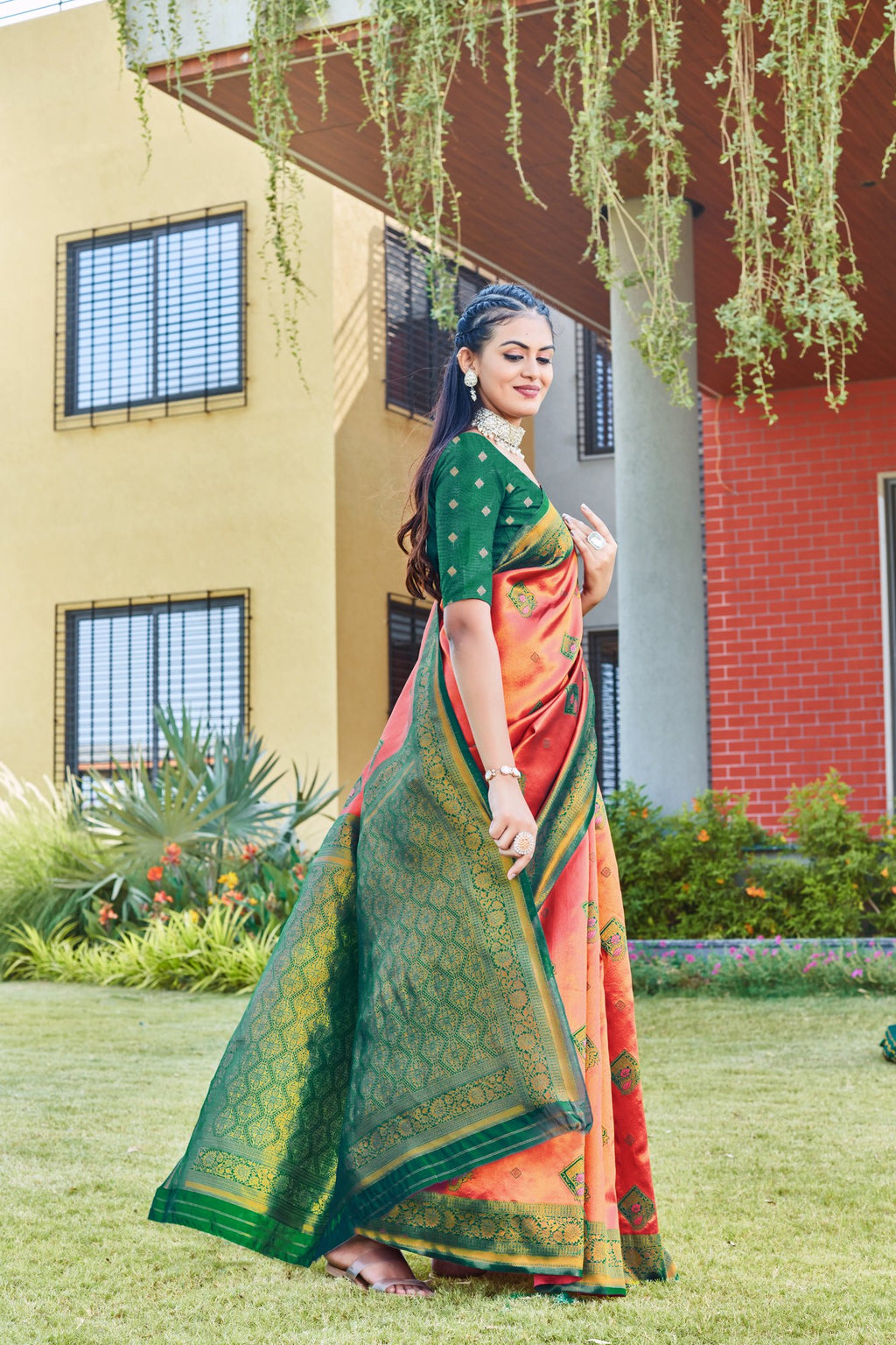 Coral Art Silk Saree with Green Zari Border