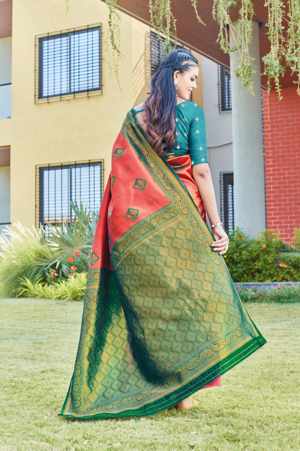 Coral Art Silk Saree with Green Zari Border