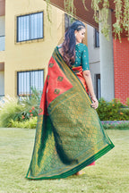 Coral Art Silk Saree with Green Zari Border