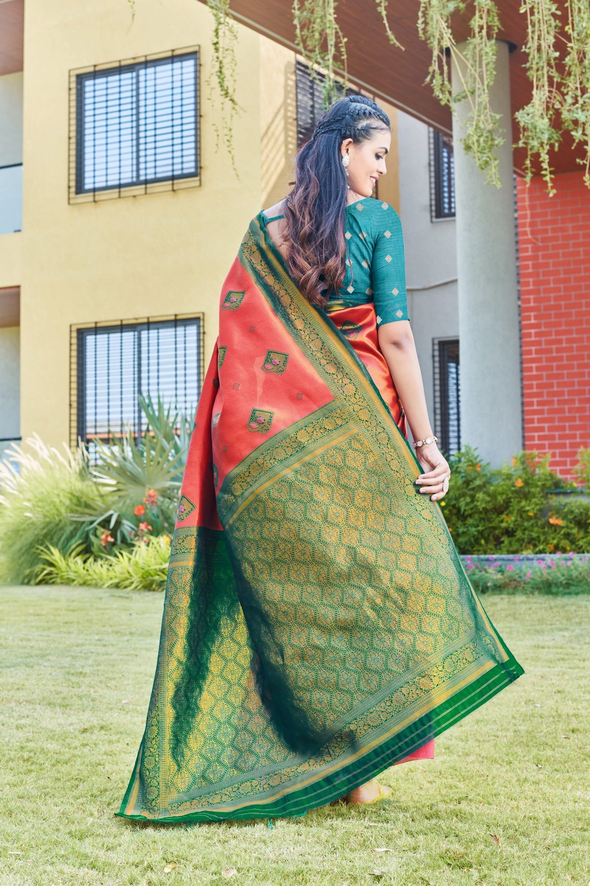 Coral Art Silk Saree with Green Zari Border